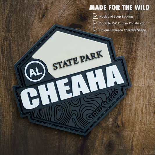 Tred Cred Cheaha State Park hexagon PVC patch with black and white topographic design and hook and loop backing