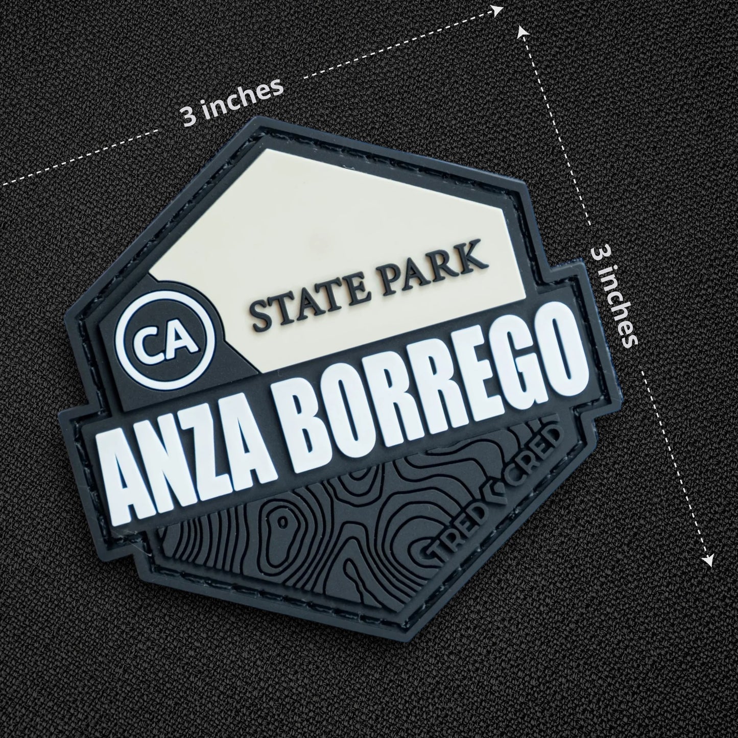 Tred Cred Anza Borrego State Park PVC patch with hook and loop backing, featuring topographic map details.
