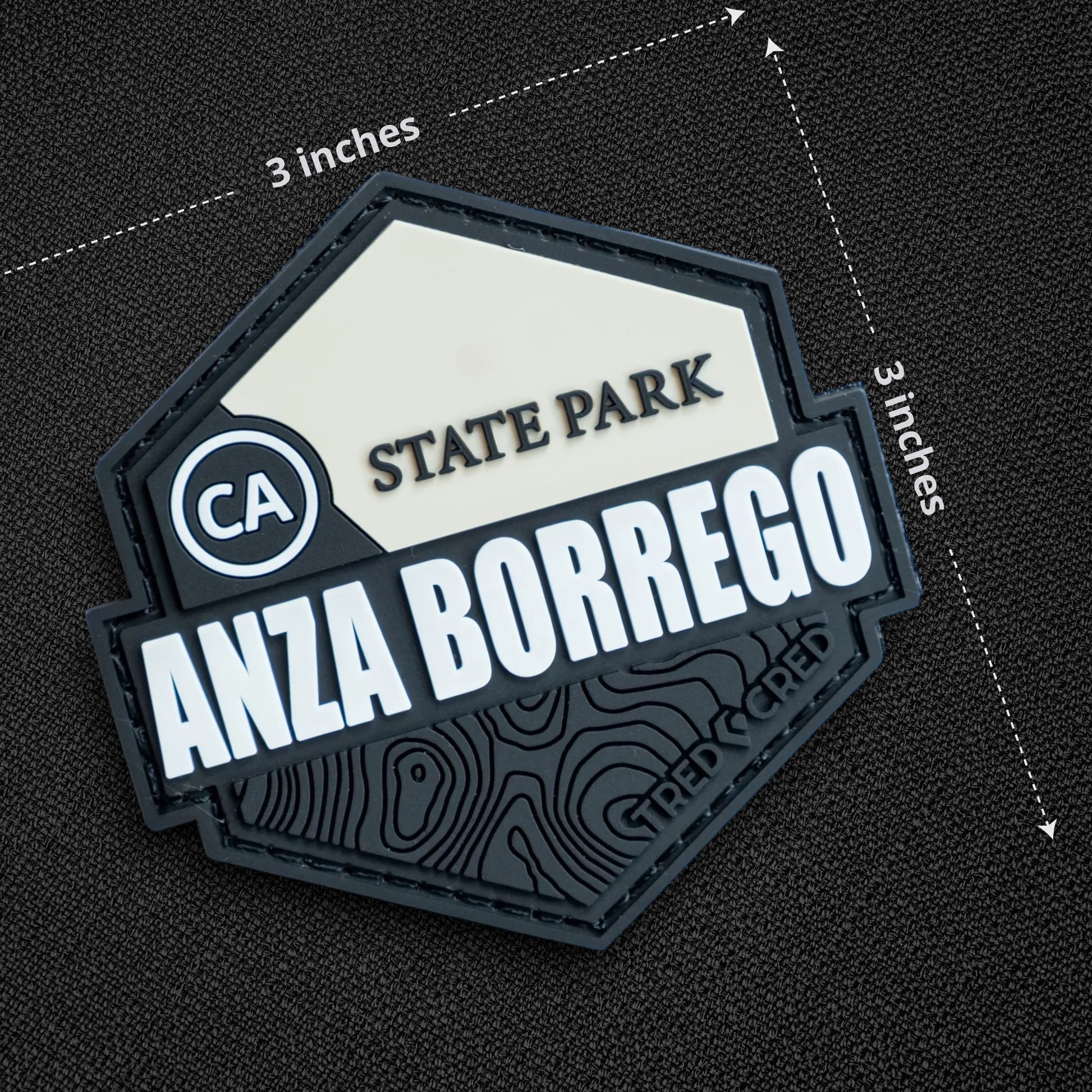 Tred Cred Anza Borrego State Park PVC patch with hook and loop backing, featuring topographic map details.