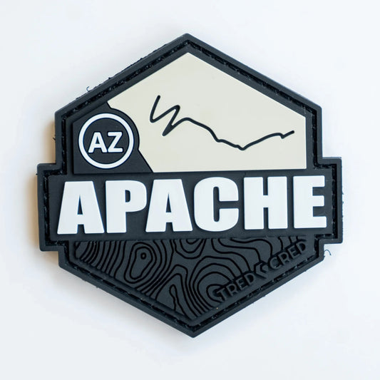 Tred Cred Apache trail patch in black and cream PVC rubber with AZ badge and topographical map design