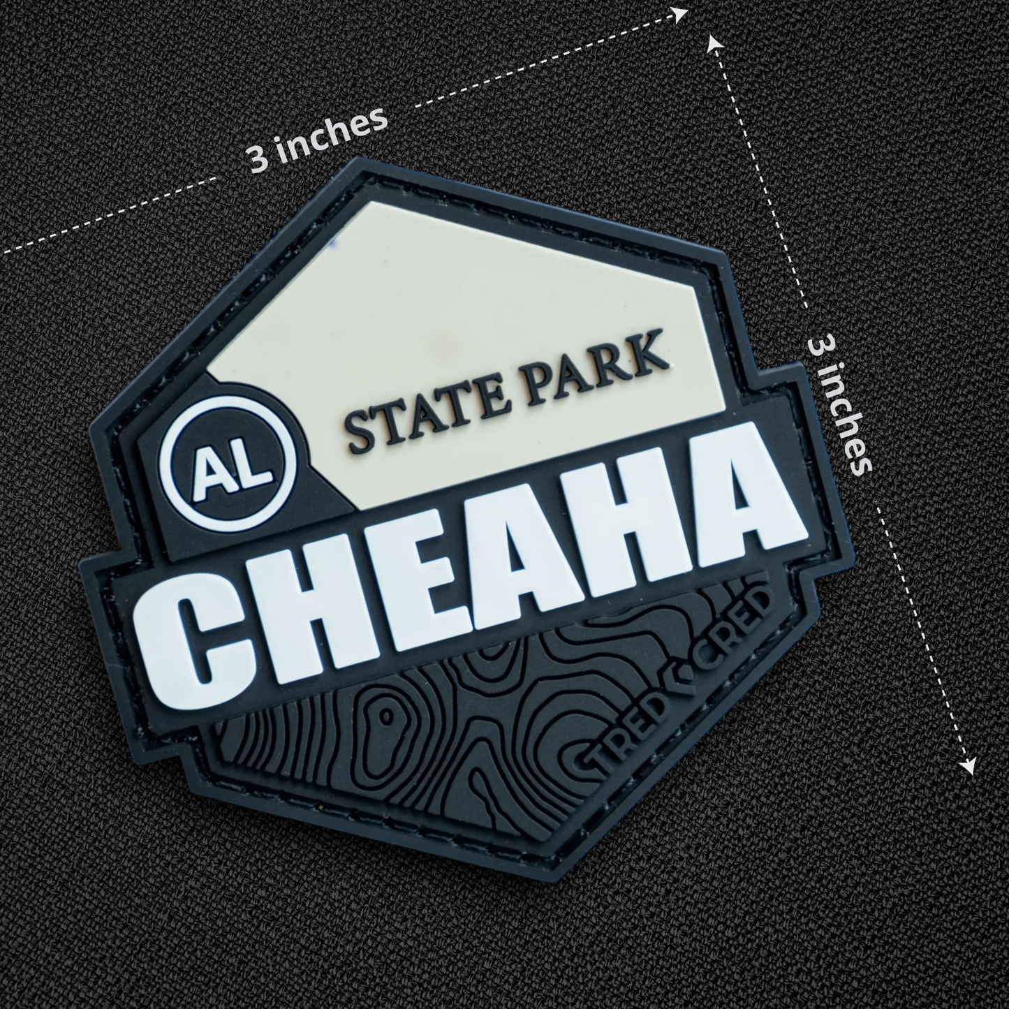 Tred Cred Cheaha State Park PVC patch with hook and loop backing, featuring black and white topographic map design.