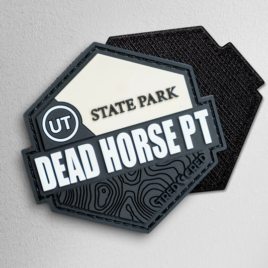 Tred Cred Dead Horse Point State Park hexagonal PVC patch with black and cream topographic design and hook backing