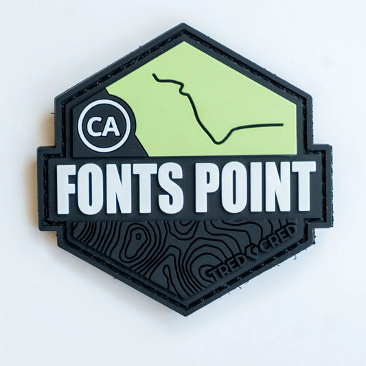 Tred Cred Fonts Point hexagonal PVC rubber trail patch with green topographic map design and California CA label