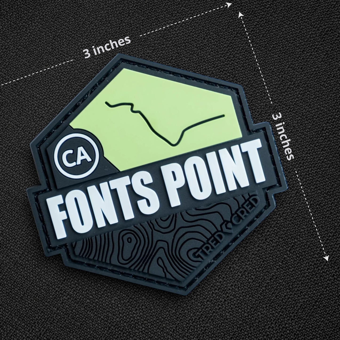 Tred Cred Fonts Point trail patch in black and lime green PVC rubber with a topographic map design and CA badge.