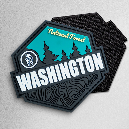 Tred Cred George Washington National Forest hexagonal PVC patch with teal and black topographic design