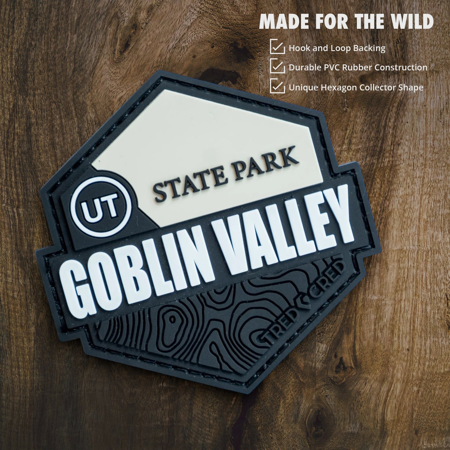 Tred Cred Goblin Valley State Park PVC patch with hook and loop backing, featuring a black and white topographic design.