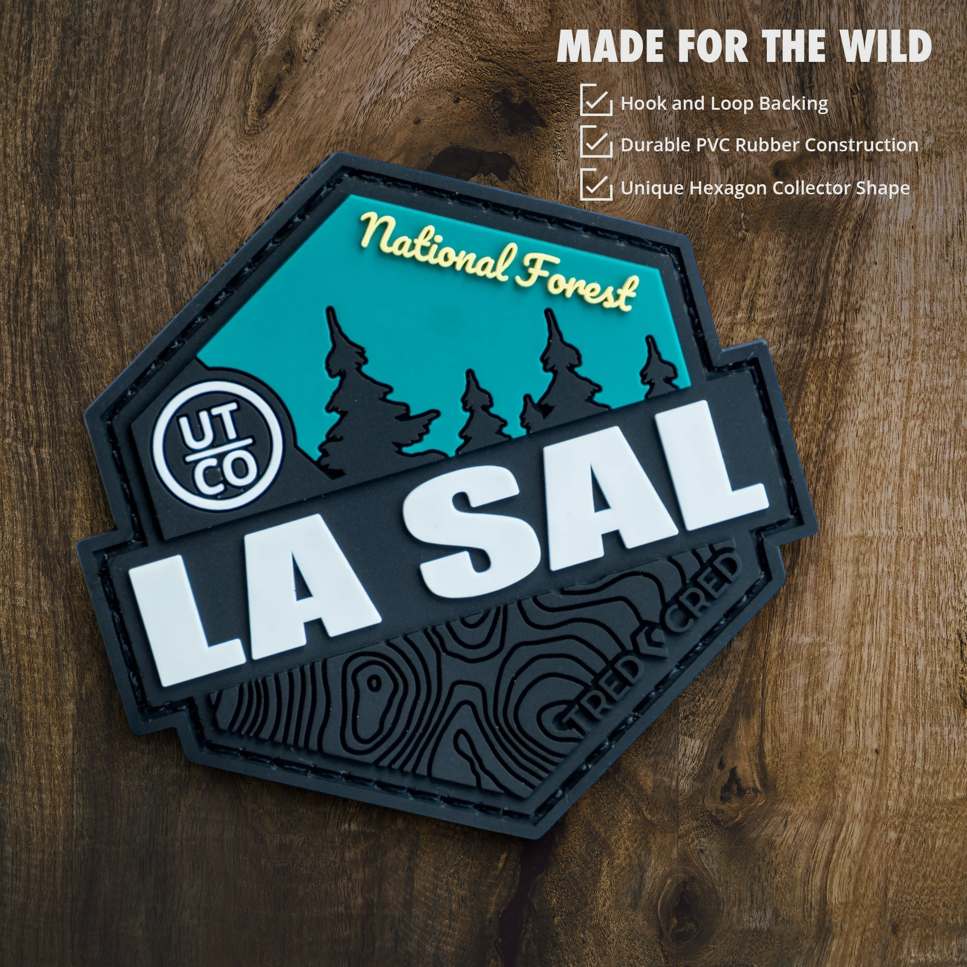 Tred Cred La Sal National Forest hexagon PVC patch with teal and black mountain design and hook and loop backing