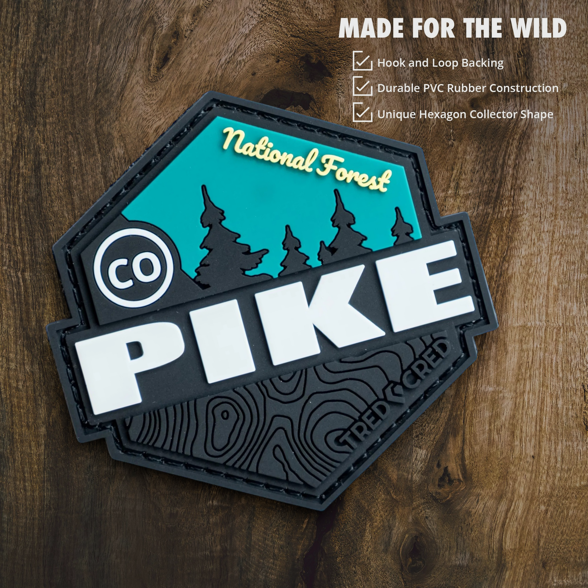 Tred Cred Pike National Forest hexagonal PVC patch with teal and black design and hook and loop backing