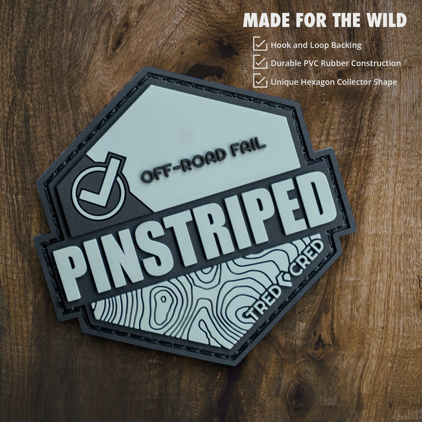 Tred Cred Pinstriped hexagonal PVC patch in light grey with topographic map design and hook and loop backing