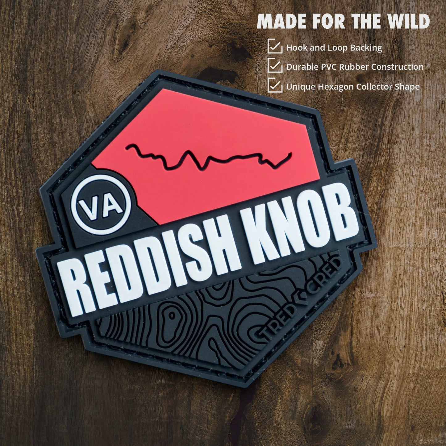 Tred Cred Reddish Knob trail patch in red and black PVC rubber with a hook and loop backing for outdoor gear.