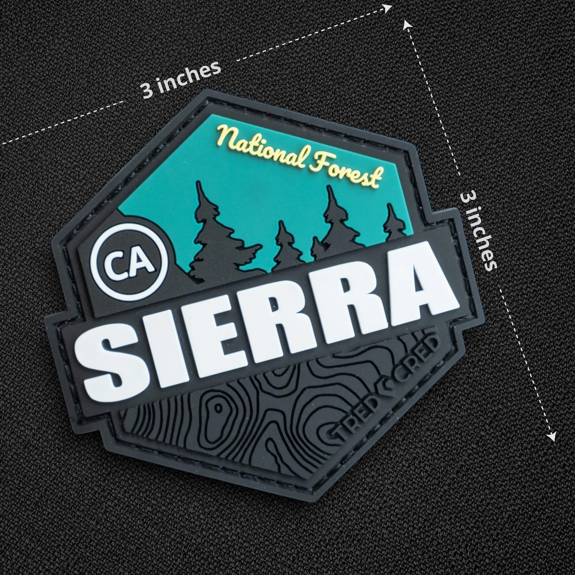 Tred Cred Sierra National Forest PVC patch with teal and black design, featuring CA badge and hook backing.