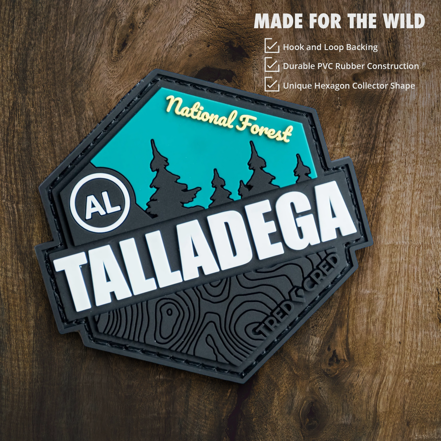 Tred Cred Talladega National Forest hexagon PVC patch with black and teal design on a wooden background