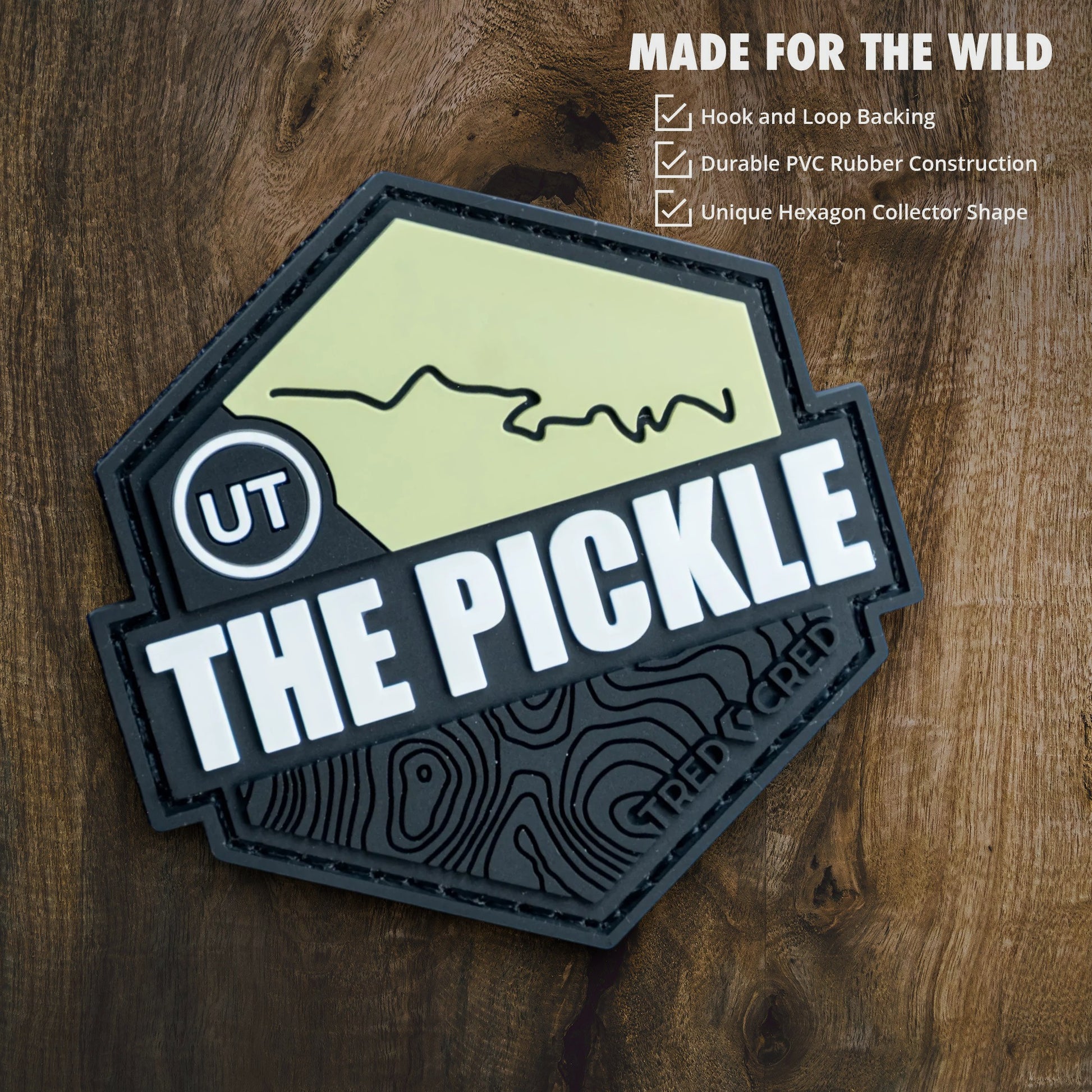 Tred Cred The Pickle trail patch in PVC rubber with a hexagonal shape, green trail map, and hook and loop backing.