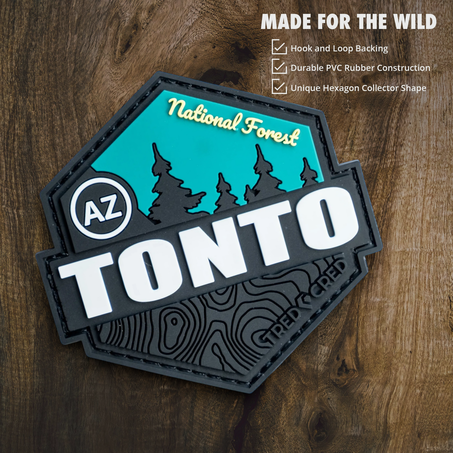 Tred Cred Tonto National Forest PVC patch with teal and black design, hook and loop backing, and hexagon shape.