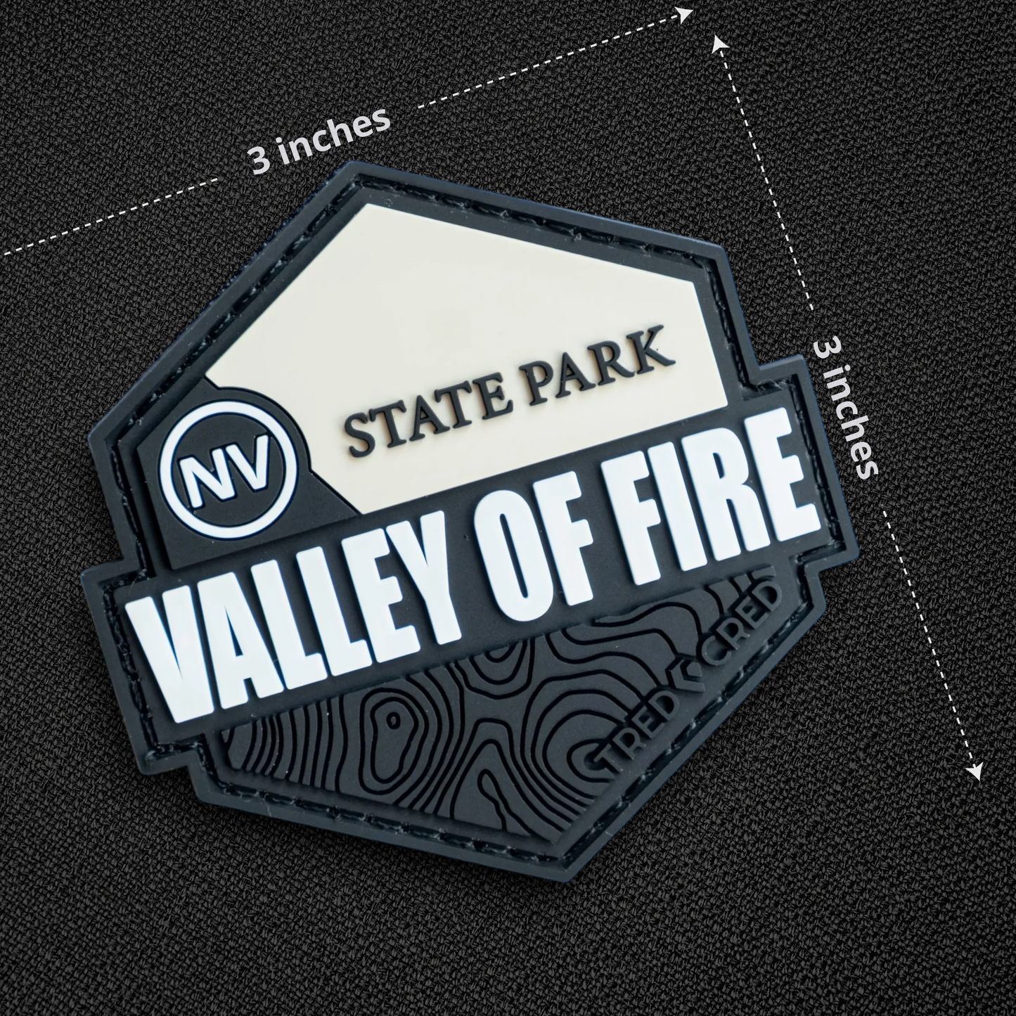 Tred Cred Valley of Fire State Park PVC patch with hook and loop backing, featuring topographic map design.